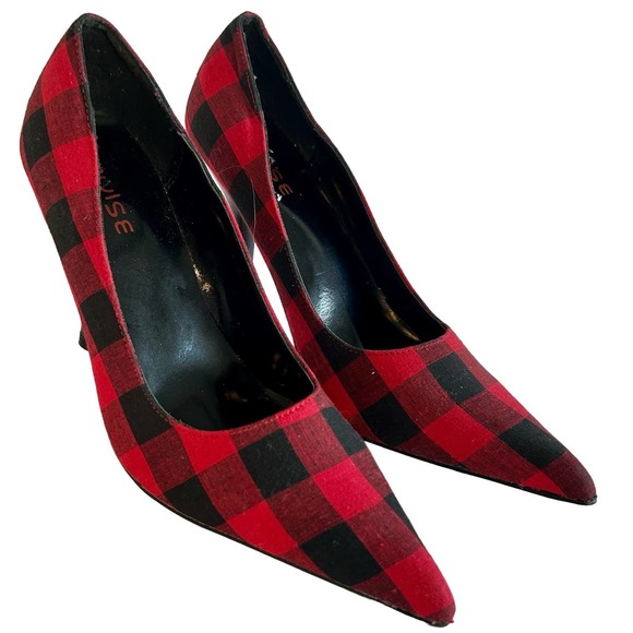 Pulse Shoes - NWOB Pulse buffalo check plaid pointed toe red black Christmas heels size 9
